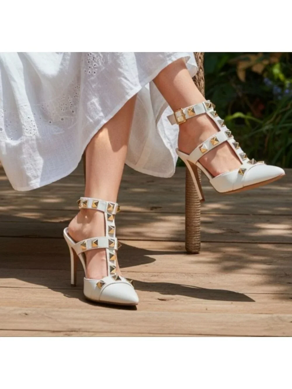 White Studded Pointed-Toe High Heels With Adjustable Buckle Strap & T-Strap Desi